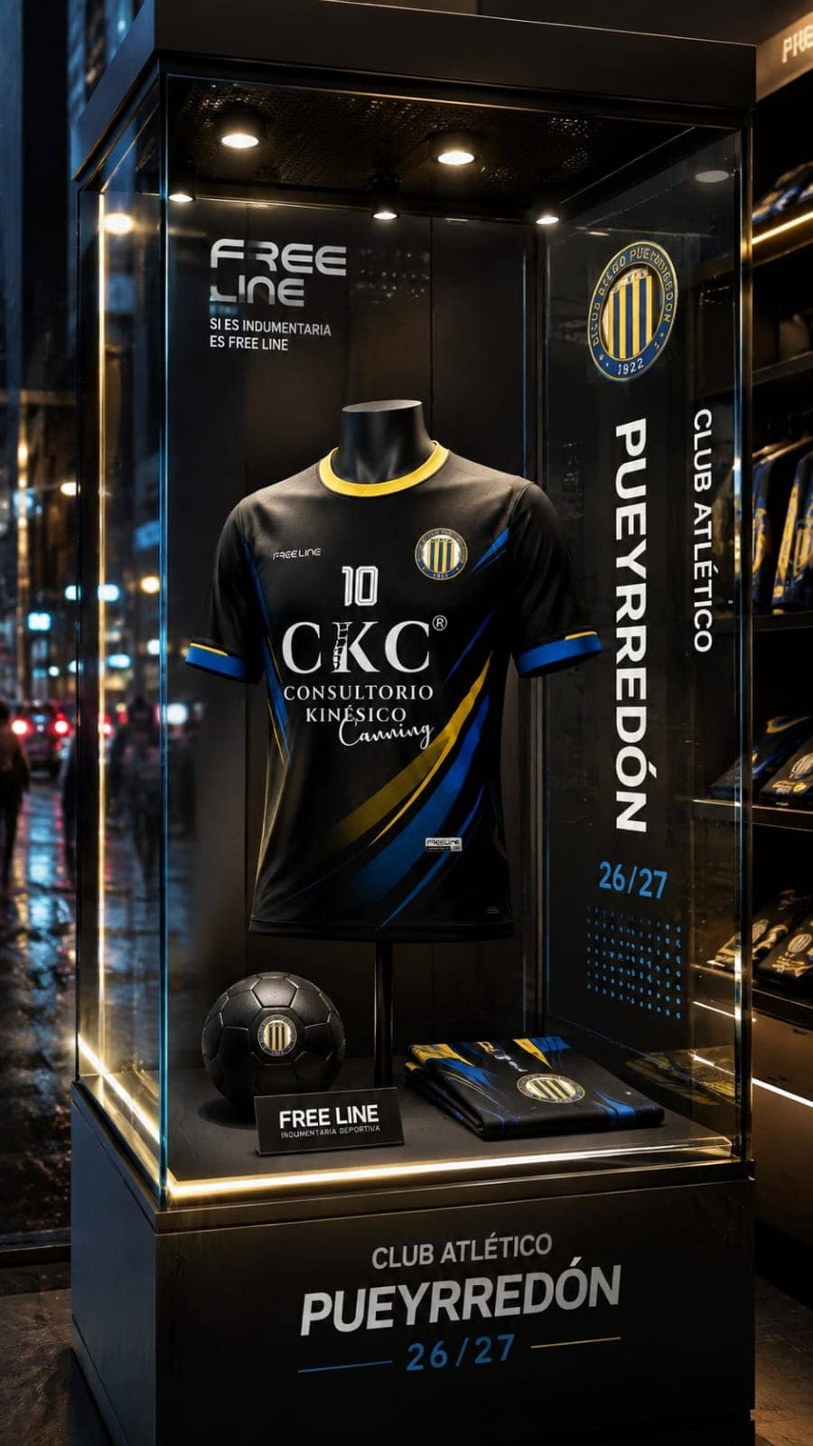 Vitrina de vidrio iluminada de noche sobre la vereda de una calle. Adentro, una camiseta deportiva negra con vivos amarillos y azules, el número 10 y el logo de un auspiciante en el pecho, montada sobre un maniquí sin cabeza. En el panel del fondo, el escudo de una institución deportiva en grande junto a su nombre y la leyenda 26/27, y arriba a la izquierda la marca Free Line. Sobre la base de la vitrina hay una pelota, prendas dobladas del mismo diseño y un cartel chico de Free Line indumentaria deportiva. Afuera se ve la calle mojada con las luces de la ciudad reflejadas y gente caminando fuera de foco.